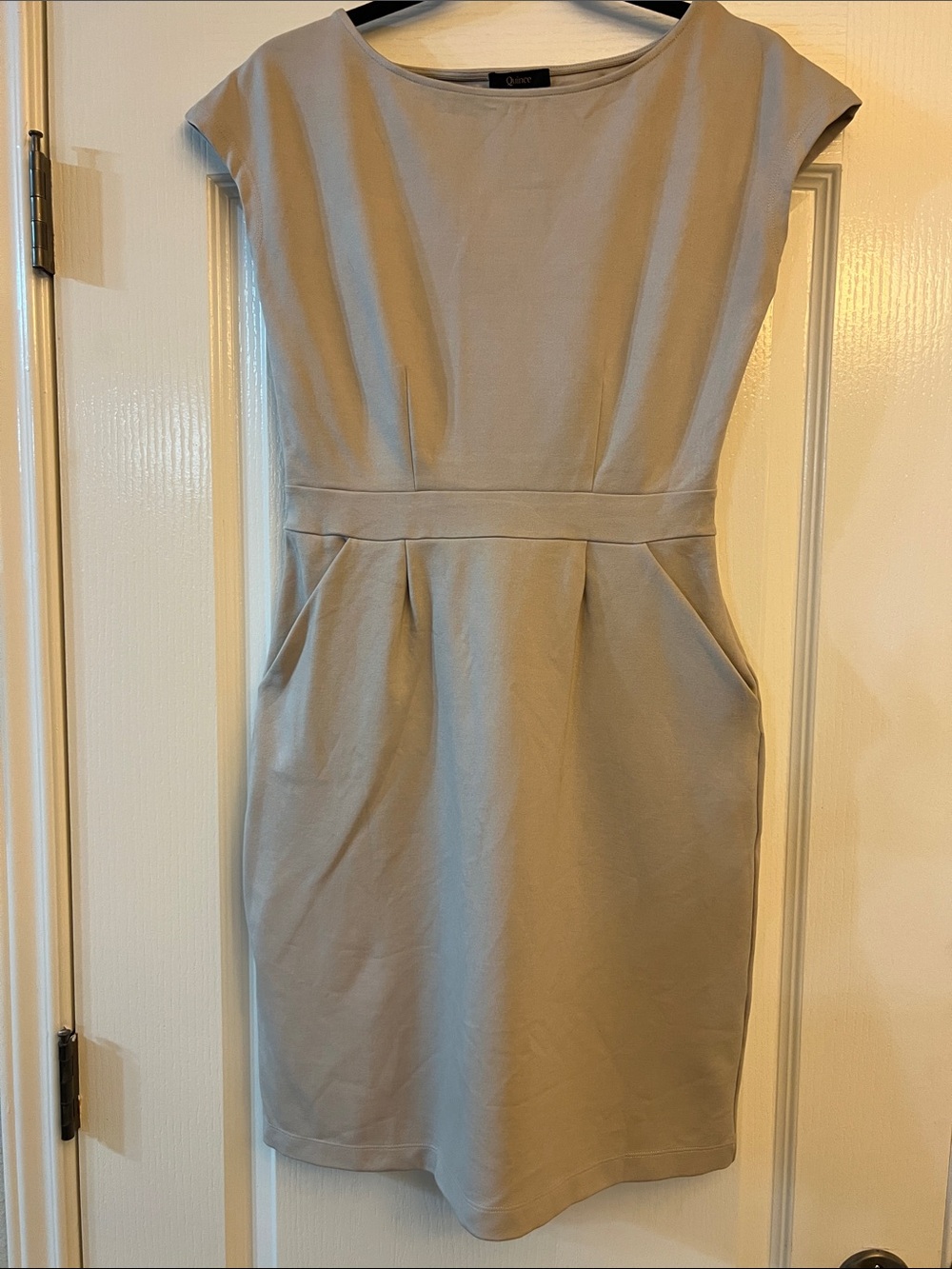 Quince Ultra Stretch Ponte Midi Dress with Cap Sleeves in Beige - Picture 4 of 12
